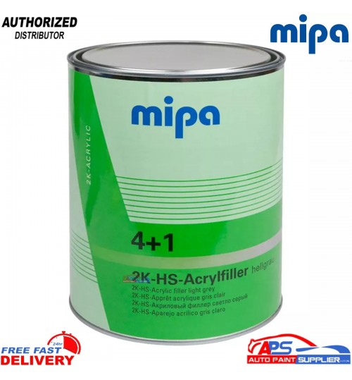MIPA 4+1 2K HS HIGH BUILD PRIMER LIGHT GREY 4LTR TO SUIT MIXING PADDLE